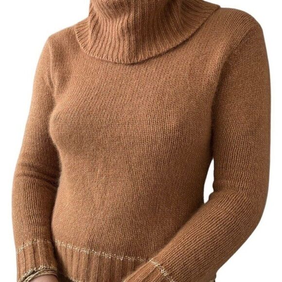 Vintage Womens Tan Brown Gold Angora Blend Soft Fuzzy Fluffy Cowl Neck Sweater S - Picture 2 of 6